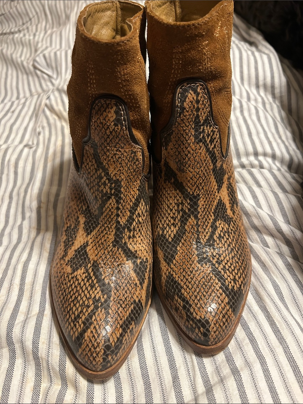 Free People Tan and Black Snake-Print Suede Ankle Booties